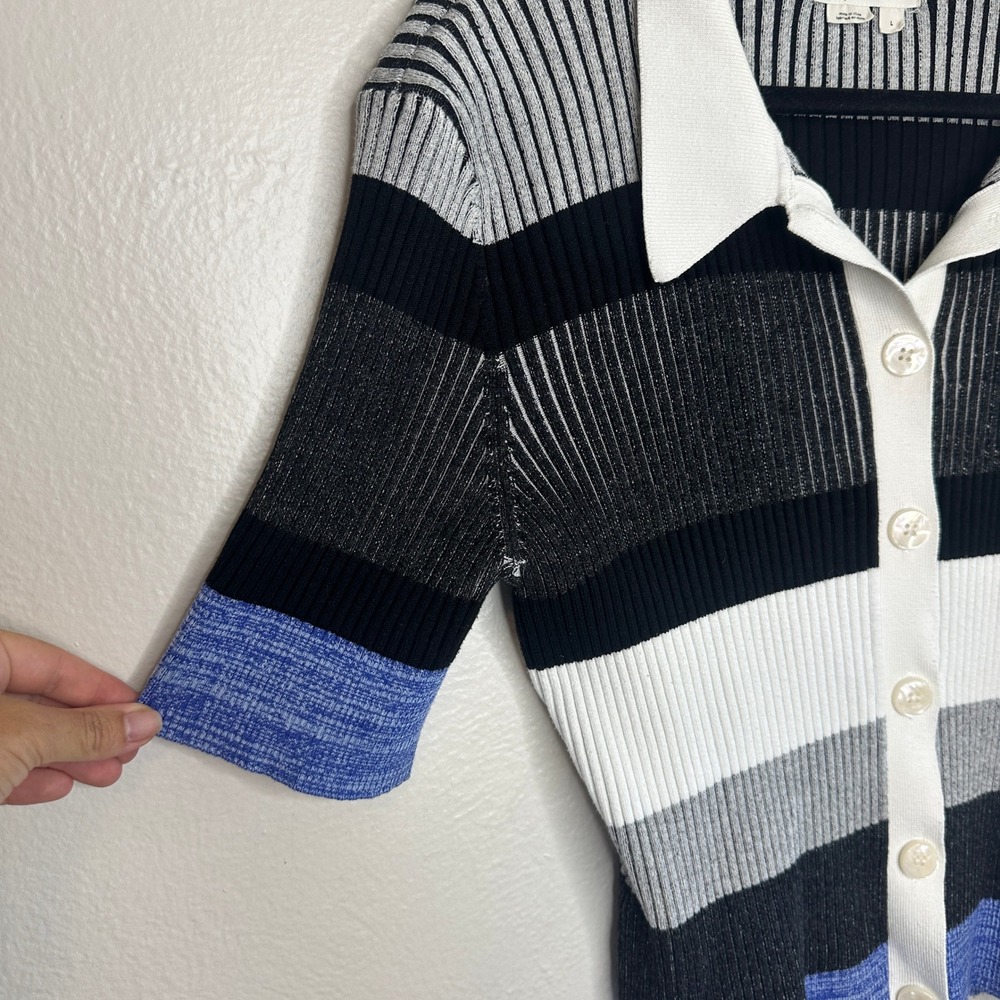 Anthropologie Short-Sleeve Collared Sweater Striped Ribbed Knit Cardigan Size L - Picture 10 of 10